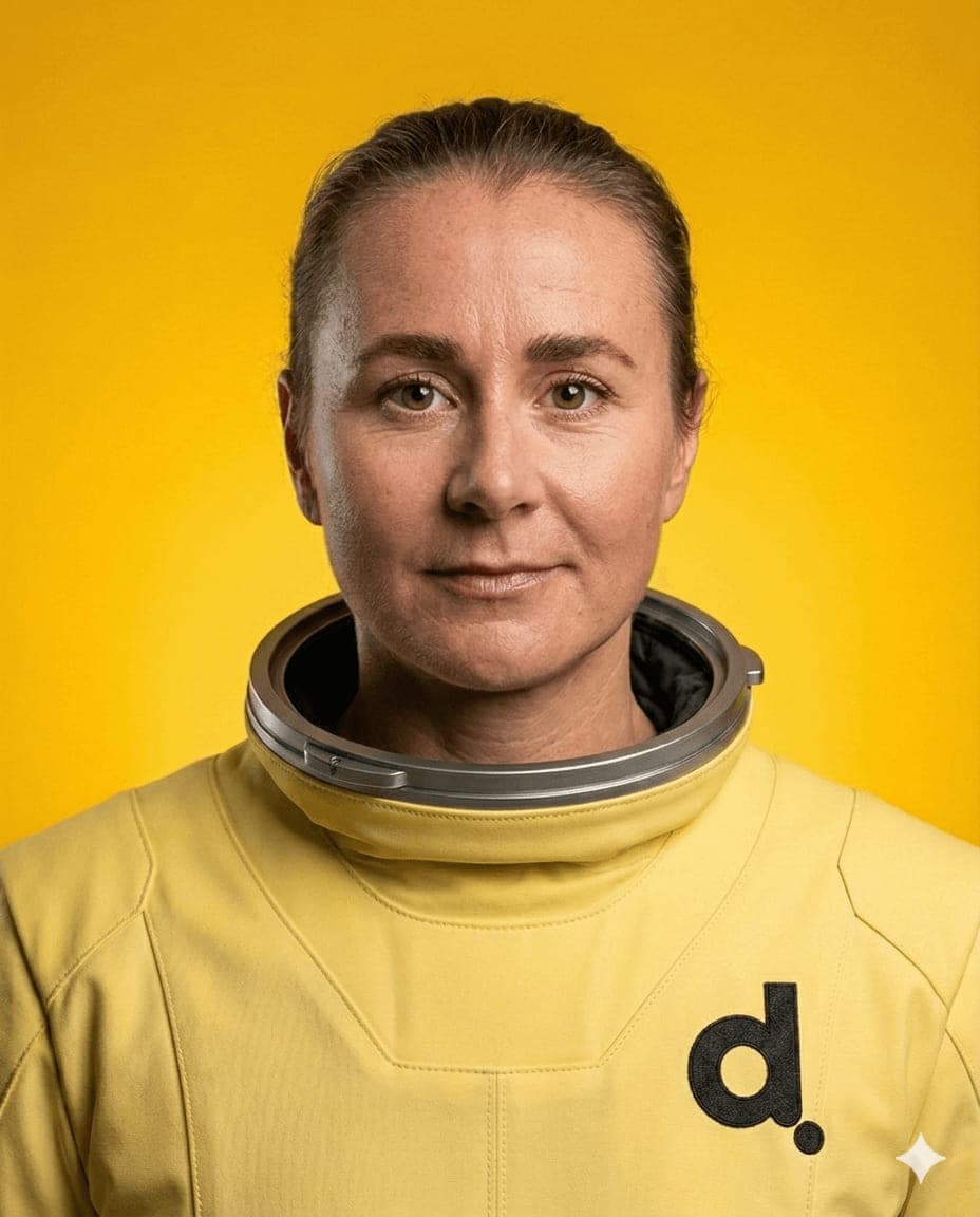 Maria Levander, Senior rekryterare på Digitalenta. Porträttfoto där rymddräkt och bakgrund är inmonterade med AI.