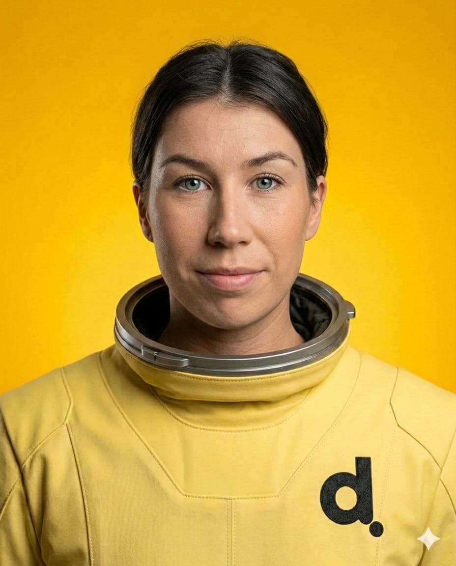 Mikaela Carlsson, Konsultchef på Digitalenta. Porträttfoto där rymddräkt och bakgrund är inmonterade med AI.