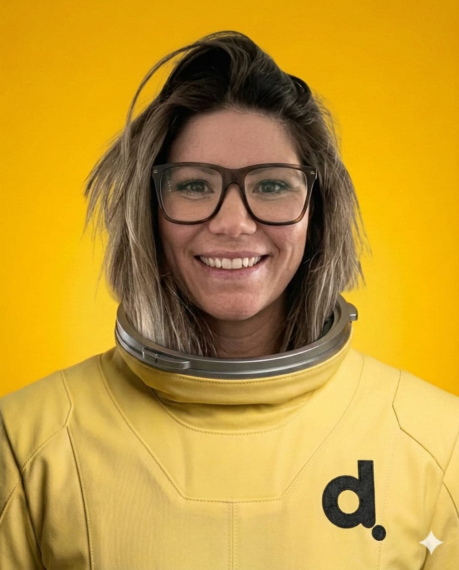 Sara Palmqvist, Senior rekryterare på Digitalenta. Porträttfoto där rymddräkt och bakgrund är inmonterade med AI.