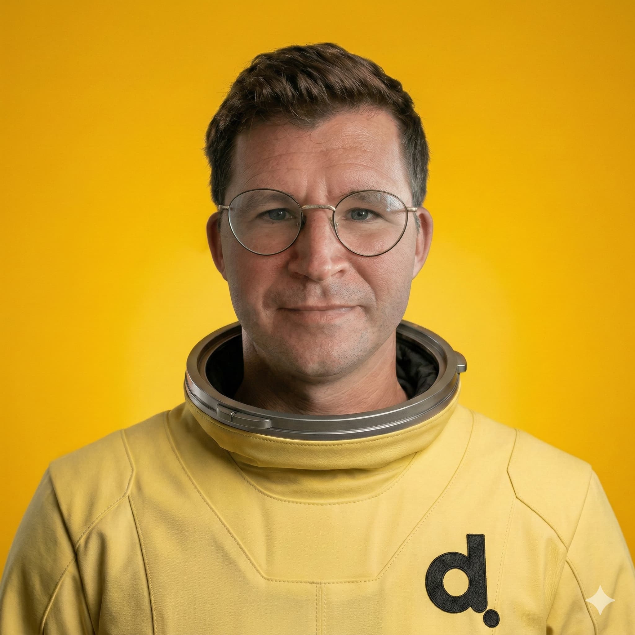 Simon Milton, grundare och vd på Digitalenta. Porträttfoto där rymddräkt och bakgrund är inmonterade med AI.