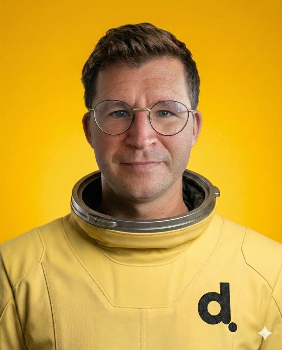 Simon Milton, Grundare & VD på Digitalenta. Porträttfoto där rymddräkt och bakgrund är inmonterade med AI.